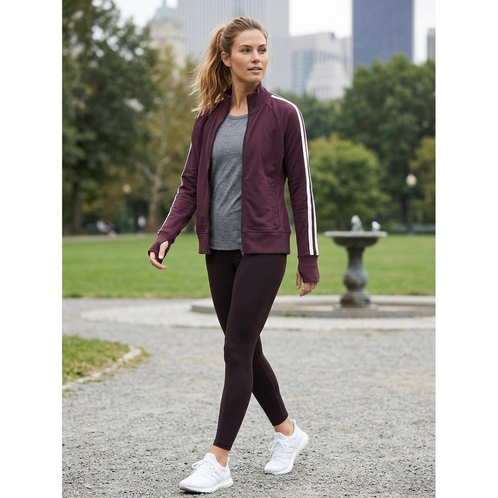 Athleta Womens Track Jacket Burgundy Plum White Stripe Full Zip Thumbhole Size M